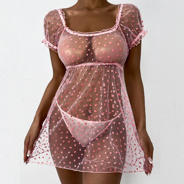 

Heart Pattern Sheer Mesh Slips With Thong, Pink