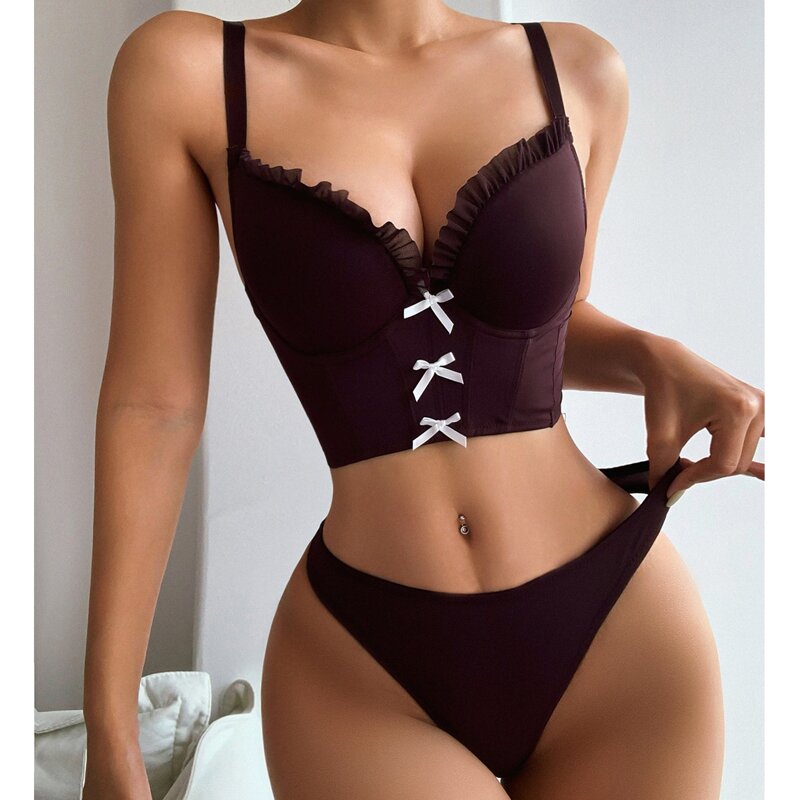 

Lace Trim Push Up Lingerie Set, Mocha brown