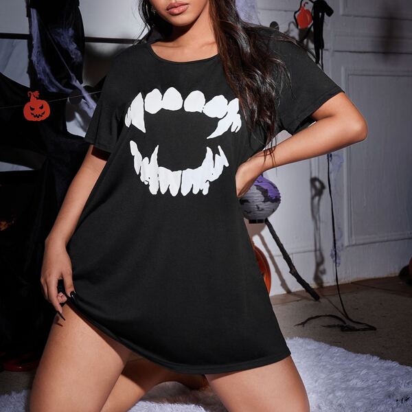 

Plus Halloween Print Night Dress, Black