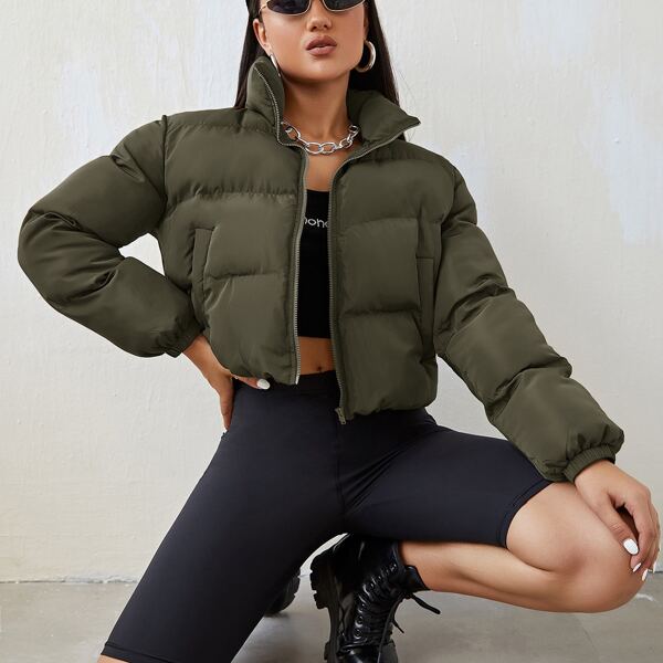 

Solid High Neck Slant Pockets Winter Coat, Army green
