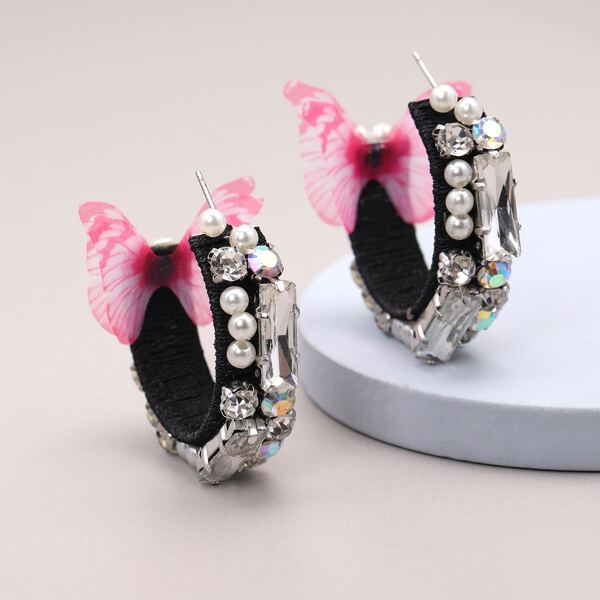 

Rhinestone Cuff Hoop Earrings, Black