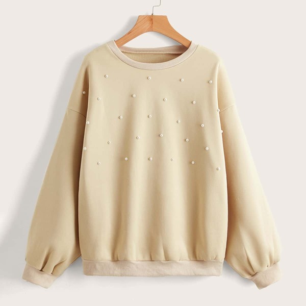 

Pearls Beaded Drop Shoulder Thermal Pullover, Apricot