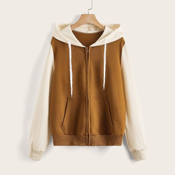 

Colorblock Kangaroo Pocket Zip Up Hooded Sweatshirt, Brown
