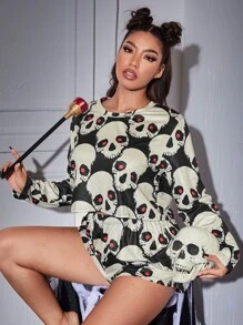 Conjunto de pijama con estampado de calavera, Halloween - Multicolor - Ver 1