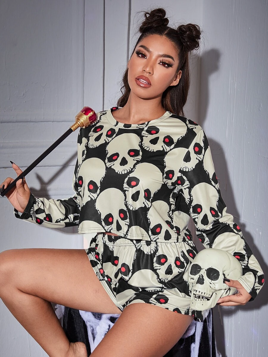 Conjunto de pijama con estampado de calavera, Halloween - Multicolor - Ver 1