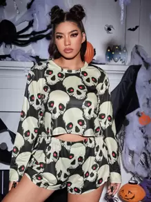 Conjunto de pijama con estampado de calavera, Halloween - Multicolor - Ver 4