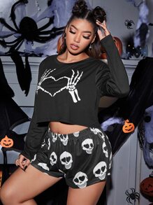 Conjunto de pijama Halloween estampado de esqueleto - Negro - Ver 1