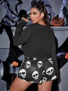 Conjunto de pijama Halloween estampado de esqueleto - Negro - Ver 2