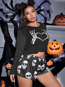 Conjunto de pijama Halloween estampado de esqueleto - Negro - Ver 3