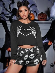 Conjunto de pijama Halloween estampado de esqueleto - Negro - Ver 4