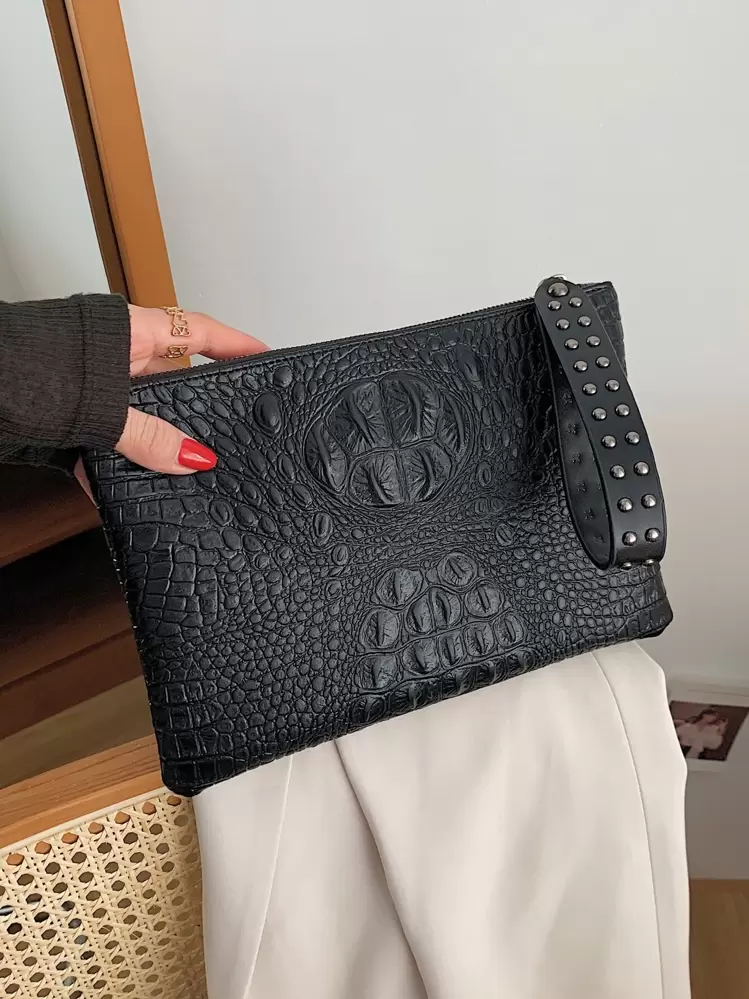 Bolso Con Estampado De Cocodrilo Y Decoración De Tachuelas, Portátil De Cocodrilo Antiguo, Ideal Para Mujeres, Perfecto Para Oficina, Trabajo, Negocios Y Viajes - Negro - Añade 4