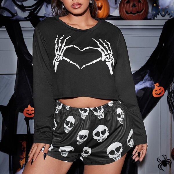 

Plus Halloween Skeleton Print PJ Set, Black