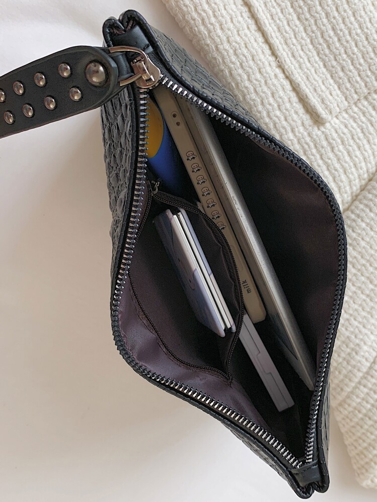 Studded Decor Crocodile Embossed Wristlet BagVintage,Old Money Crocodile PortableFor WomanPerfect For Office,Work ,Business,Commute - Black - View 6