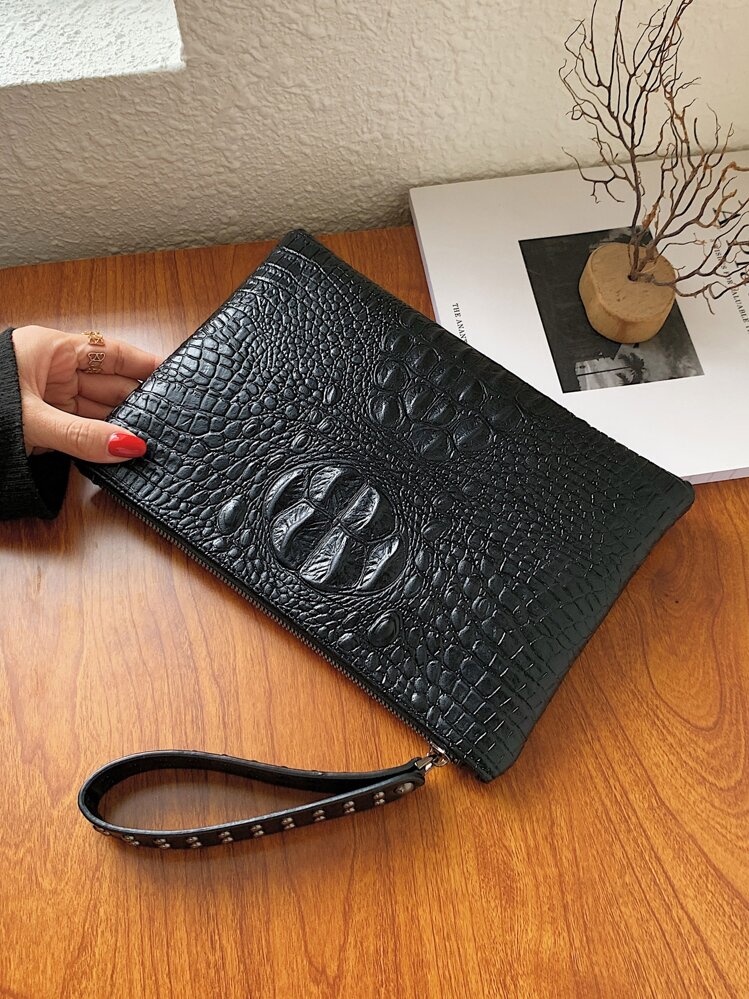 Bolso Con Estampado De Cocodrilo Y Decoración De Tachuelas, Portátil De Cocodrilo Antiguo, Ideal Para Mujeres, Perfecto Para Oficina, Trabajo, Negocios Y Viajes - Negro - Añade 8