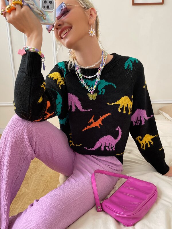 SHEIN EZwear Dinosaur Graphic Raglan Sleeve Sweater In Fall/Winter