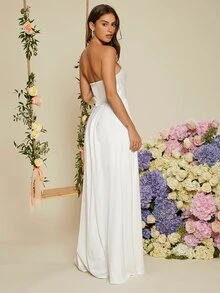 SHEIN Belle Backless Two Layer Hem Tube Prom Dress - Beige - View 5