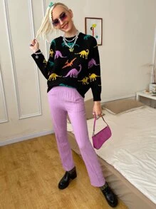 SHEIN EZwear 秋冬恐龙图案插肩袖毛衣 - 黑色 - 查看 4