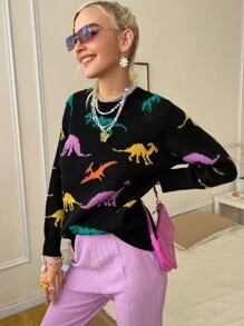 SHEIN EZwear 秋冬恐龙图案插肩袖毛衣 - 黑色 - 查看 5