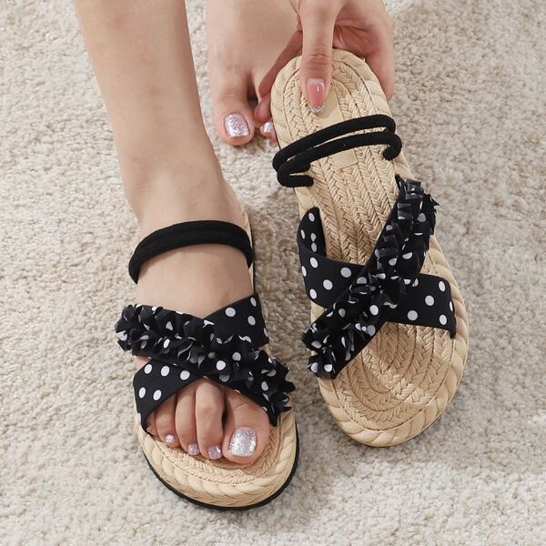 

Polka Dot Ruffle Trim Slides, Black