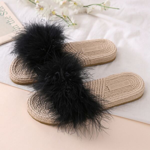 

Fluffy Espadrille Slides, Black