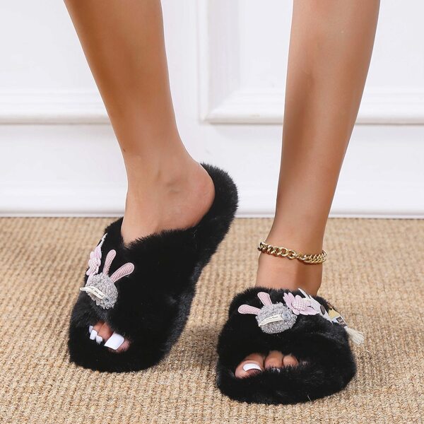 

Applique Decor Fluffy Home Slippers, Black