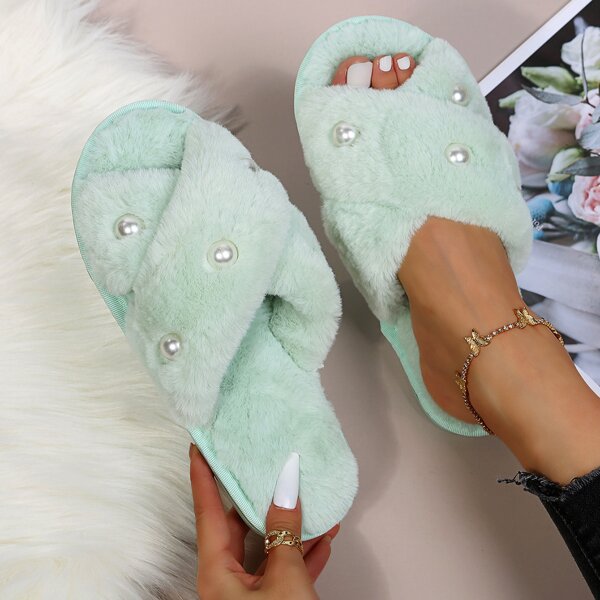 

Faux Pearl Decor Fluffy Home Slippers, Green
