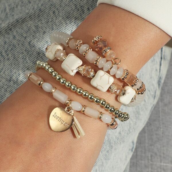 

4pcs Heart Charm Beaded Bracelet, Multicolor