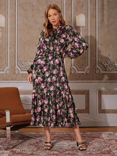 SHEIN VCAY Floral Print Tie Neck Split Thigh Dress