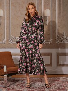 SHEIN VCAY Floral Print Tie Neck Split Thigh Dress - Multicolor - View 3