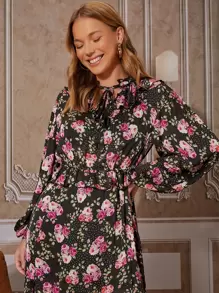 SHEIN VCAY Floral Print Tie Neck Split Thigh Dress - Multicolor - View 5