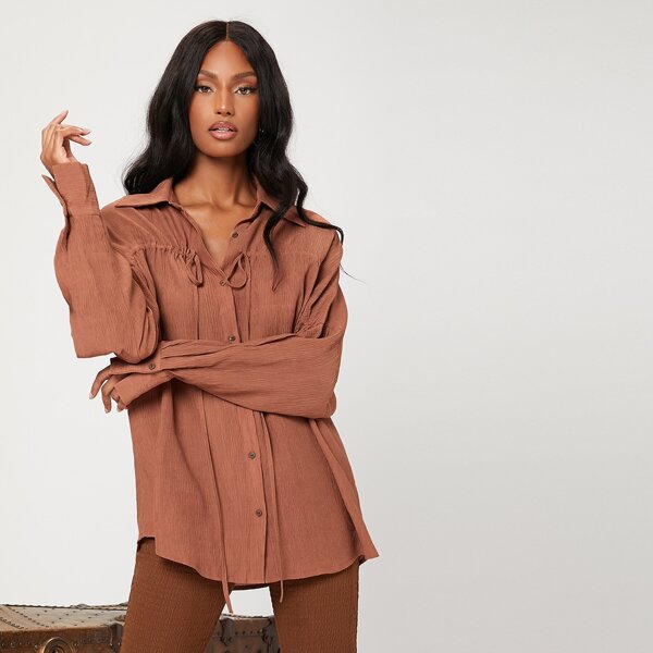 

Drop Shoulder Drawstring Blouse, Rust brown