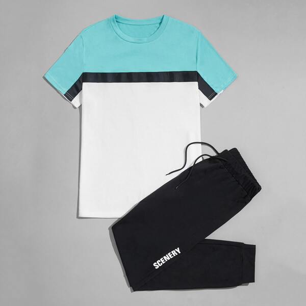 

Men Colorblock Tee & Letter Graphic Sweatpants, Multicolor