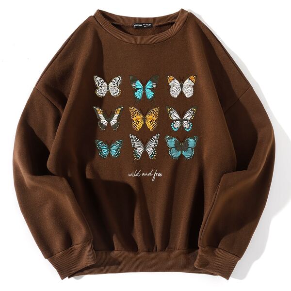 

Butterfly & Letter Graphic Drop Shoulder Sweatshirt, Coffee brown
