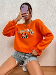 SHEIN Unity Letter Graphic Drop Shoulder Thermal Pullover - Orange - View 1