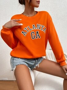 SHEIN Unity Letter Graphic Drop Shoulder Thermal Pullover - Orange - View 3