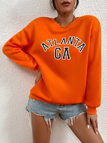 SHEIN Unity Letter Graphic Drop Shoulder Thermal Pullover - Orange - View 5