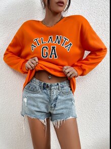 SHEIN Unity Letter Graphic Drop Shoulder Thermal Pullover - Orange - View 7