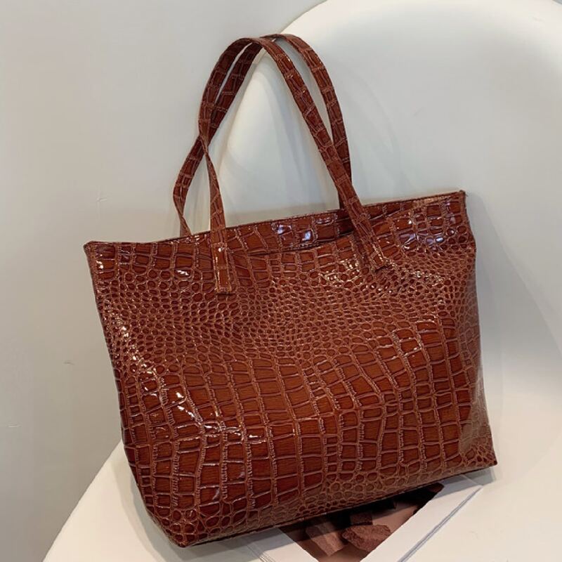 

Minimalist Croc Embossed Shoulder Tote Bag, Brown