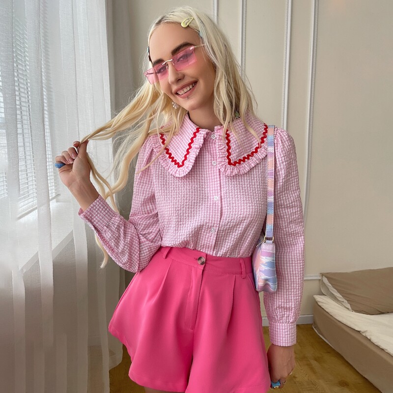 

Gingham Print Button Through Babydoll Collar Blouse, Pink