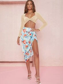 SHEIN BAE Long Sleeve Twist-Front Crop Top - Apricot - View 5