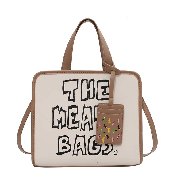 

Letter Graphic Contrast Binding Satchel Bag, Beige