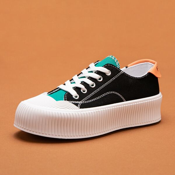 

Two Tone Lace Up Front Canvas Shoes, Black