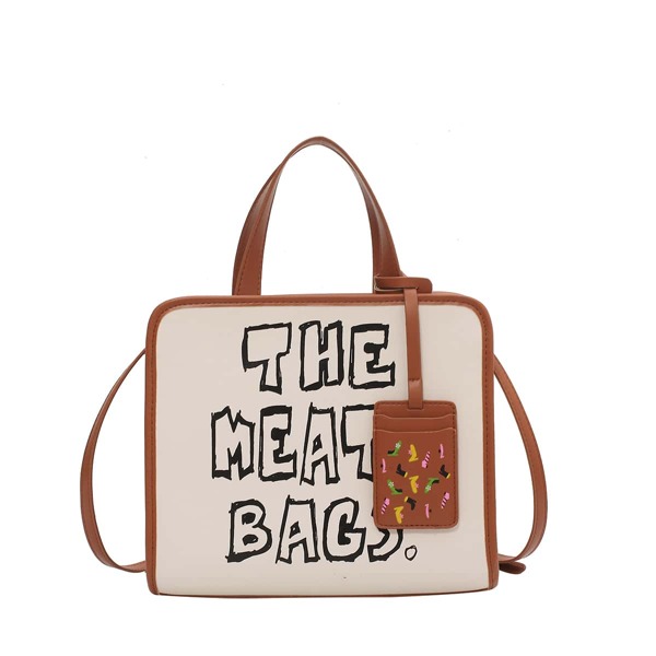 

Letter Graphic Contrast Binding Satchel Bag, Beige