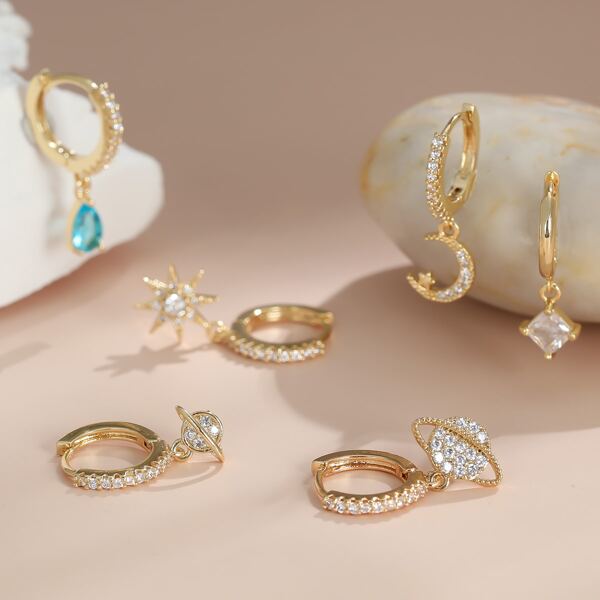

6pcs 18K Gold Plated Zircon Decor Earrings