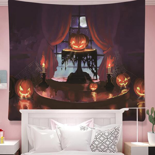 

Halloween Pumpkin Print Tapestry With Bag, Multicolor