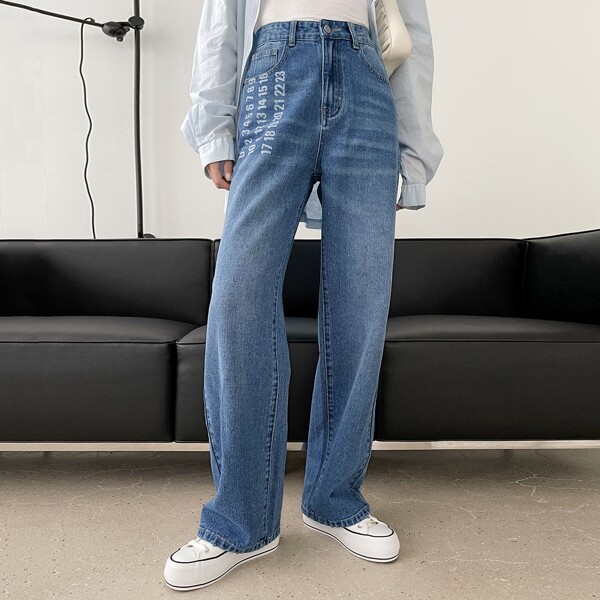 

High Waist Number Print Jeans, Medium wash