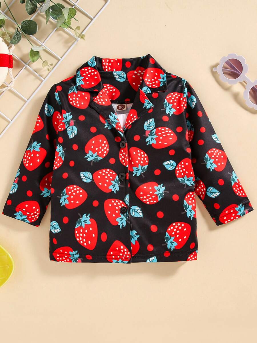 Baby Allover Strawberry Print Lapel Neck Blouse - Multicolor - View 1