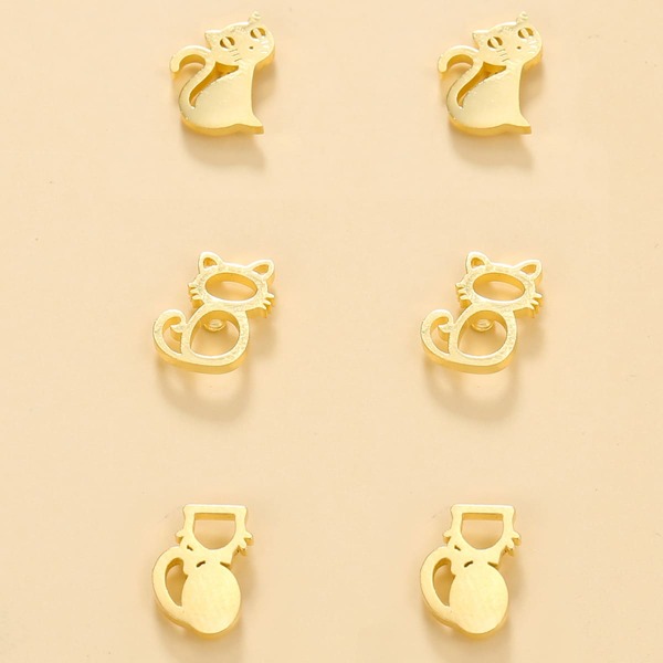 

3pairs Cat Decor Stud Earrings, Gold