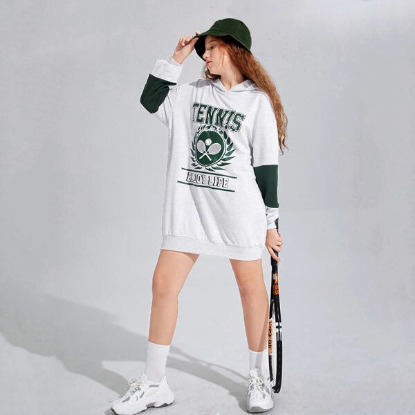 

Teen Girls Colorblock Sleeve Slogan Graphic Print Hoodie Dress, Light grey