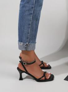 Women's Fashionable And Comfortable Black Band High Heel Open Toe Strappy Sandals,Kitten Heels - Black - View 3